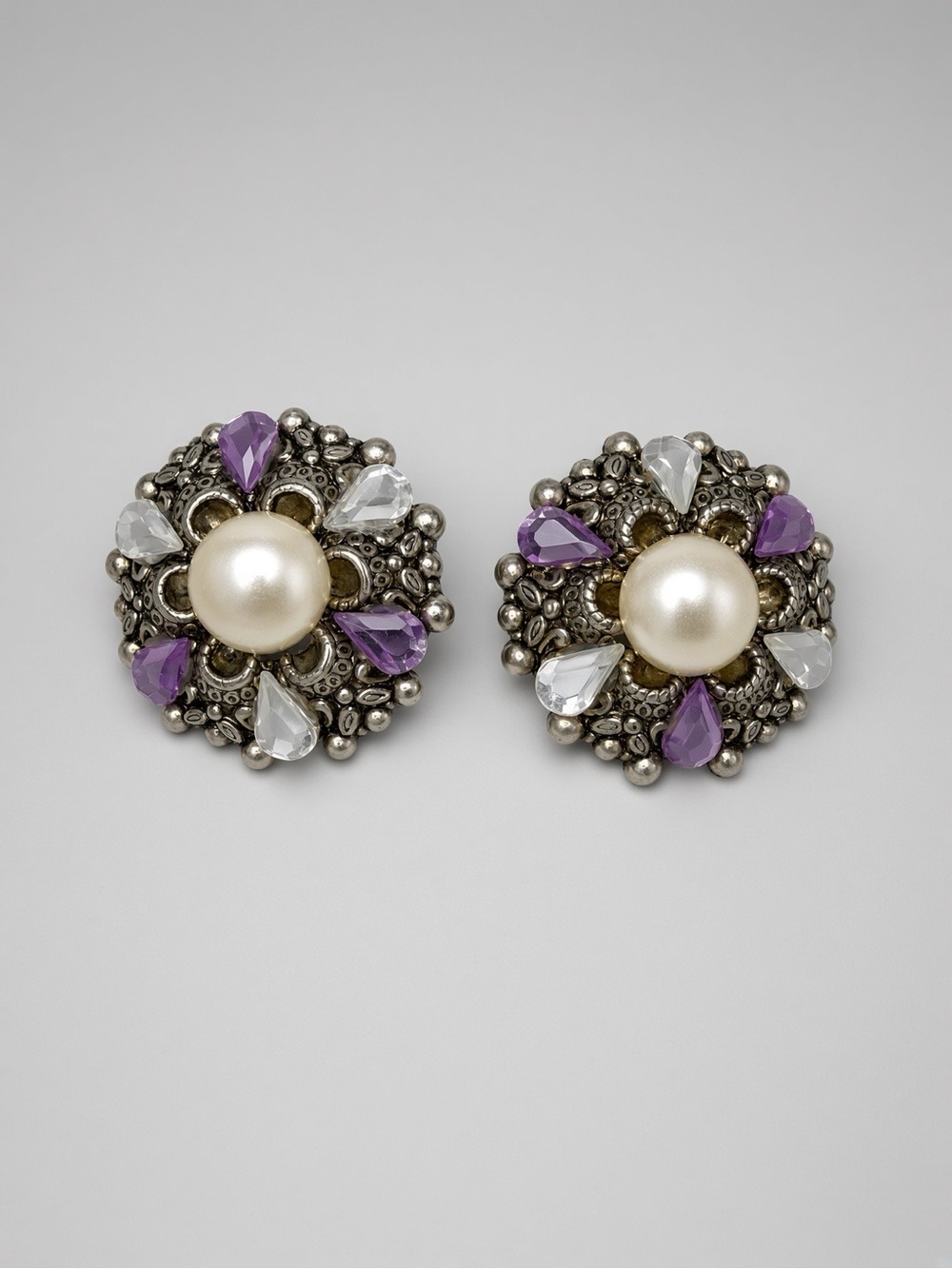 Vintage Silver Tone Faux Pearl Purple Crystal Clip-On Statement Earrings 2”